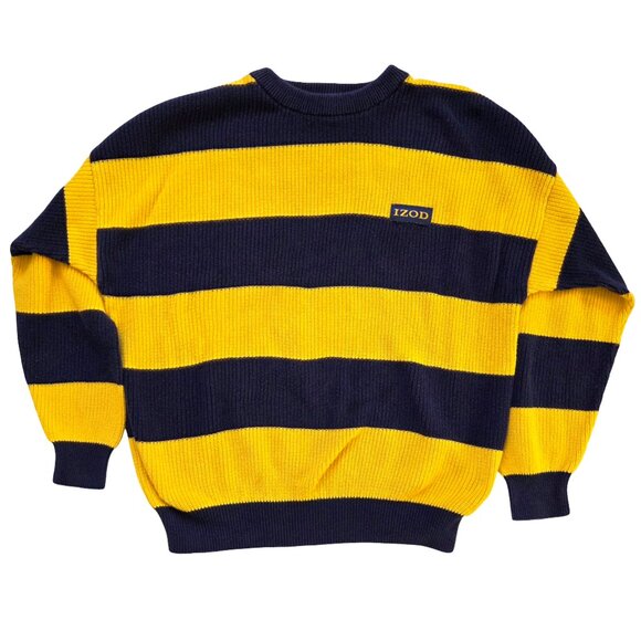 Vintage Izod Men's Sweater XL Navy Blue Yellow Heavyweight Cotton Cozy Cabincore - Picture 1 of 9